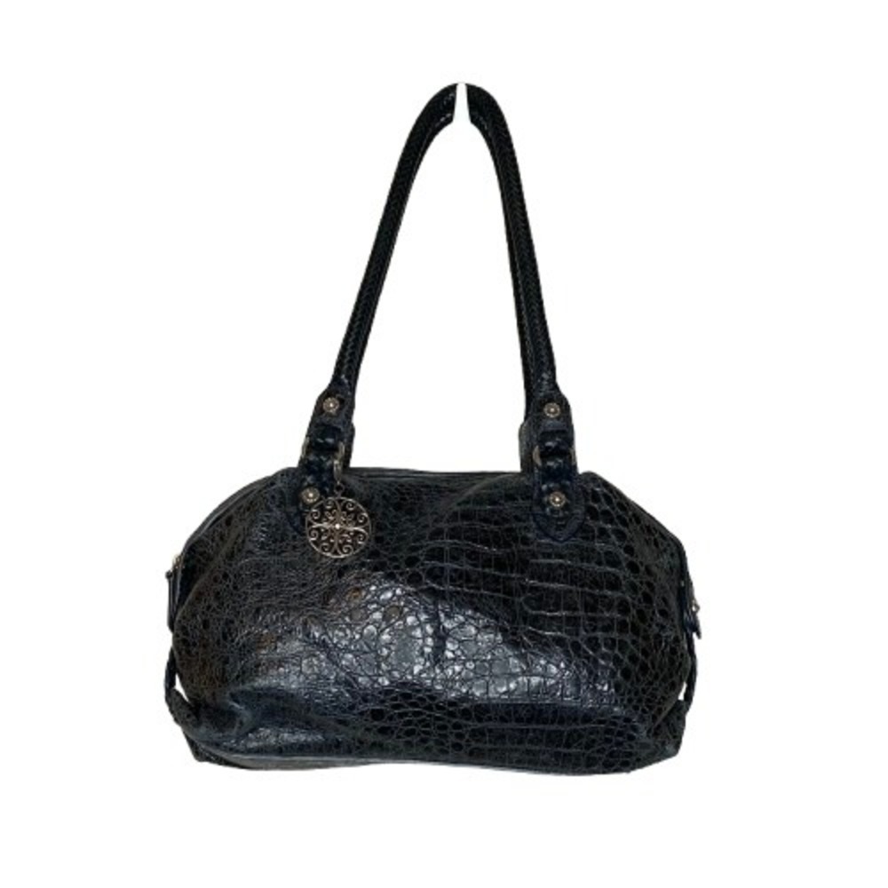 Brighton Womens Leather Alligator Embossed Satchel Handbag Purse Black Gray